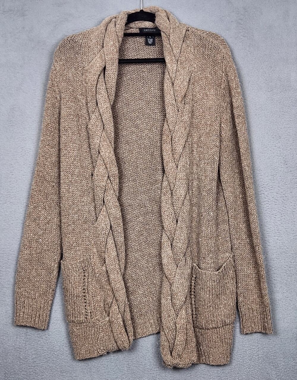 KAREN KANE Sweater Womens XL Brown Cable Knit Long Open Cardigan Wool Alpaca